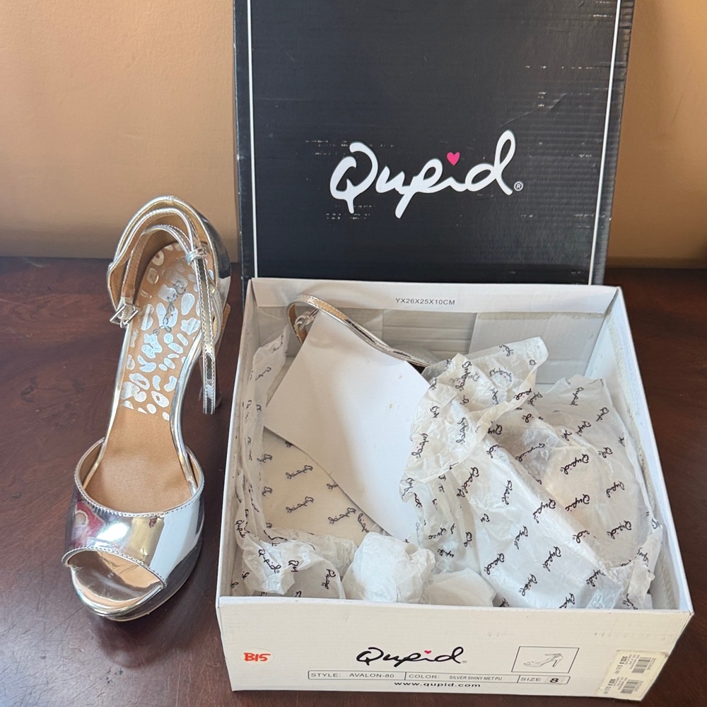 Cupid Metallic‎ Silver Open-Toe Ankle-Strap Heels
